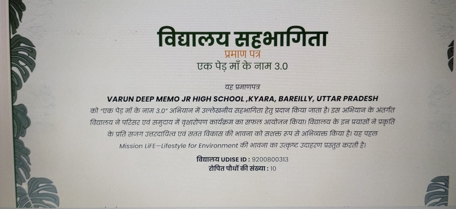 एक पेड़ माँ के नाम 3.0: विद्यालय सहभागिता प्रमाण पत्र